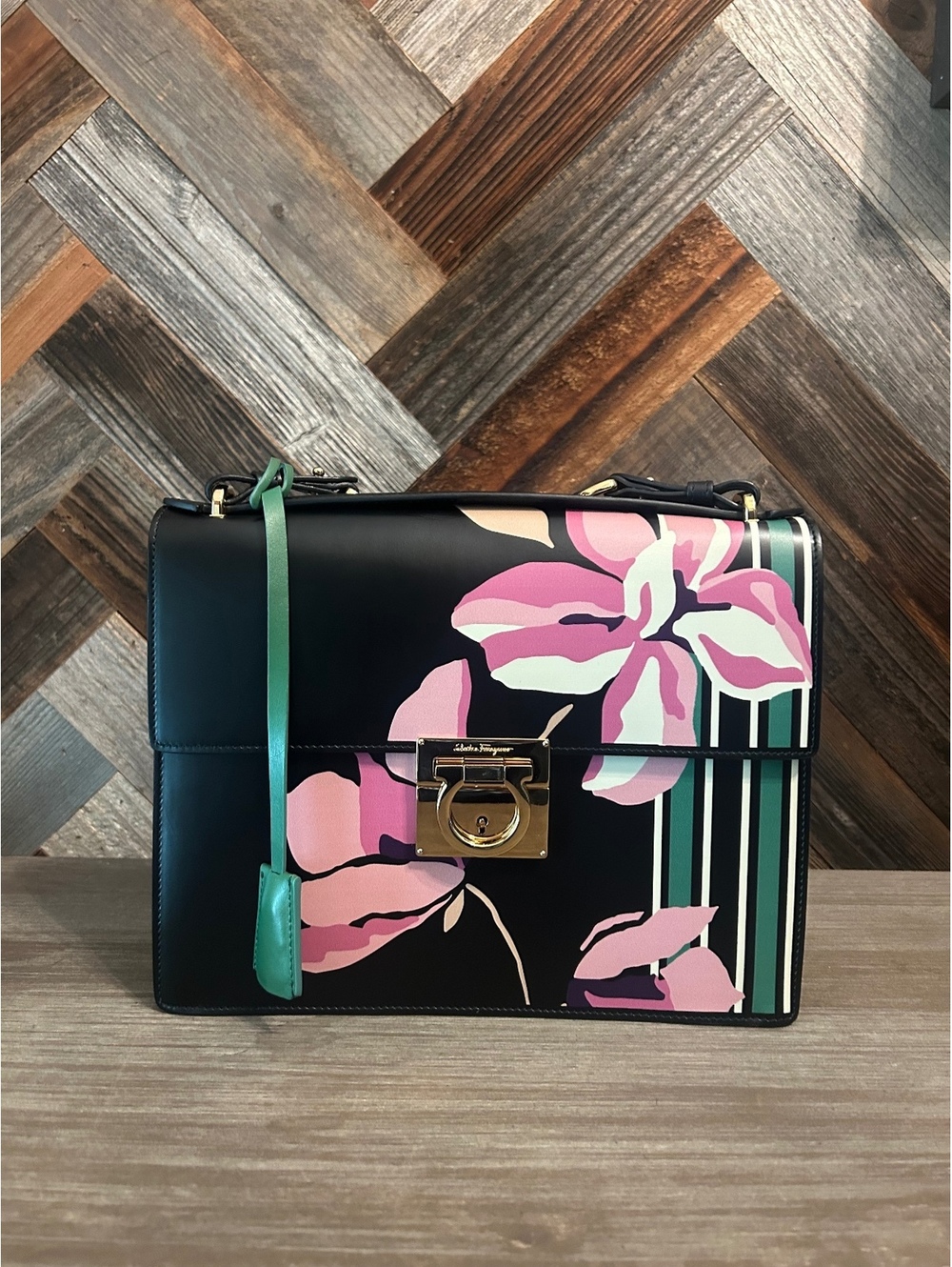 Salvatore Ferragamo Black Floral-Print Leather Marisol Shoulder Bag